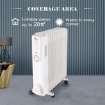2500W 11 Fin Portable Electric Oil Filled Radiator Heater with Timer White