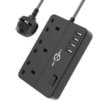 Surge Protected Extension Lead with USB Slots, 3 Way Plug Extension 4 USB, 2m Braided Extension Cable, Multi Plug Power Strip Surge Protected, Black Extension Cord for Desk Home Office