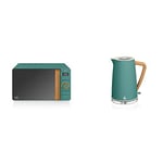 Swan 20L Nordic Digital LED Microwave, 6 Power Levels, Green, SM22036LGREN & Nordic Jug Kettle, 1.7 Litre, Pine Green, Rapid Boil, Wood Effect Handle, Scandi Design, 3kw, SK14610GREN