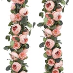 Floweroyal Lot de 2 guirlandes de Fleurs artificielles de 3 m d'eucalyptus avec Fleurs de Pivoine à 8 têtes de Vigne pour Arche de Mariage, Table Murale, décoration de Couronne (Rose Vintage)
