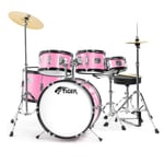 Tiger 5 Piece Junior Drum Kit - Drum Set for Kids in Pink with 6 Months Free