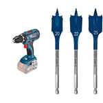 Bosch Professional 18V System Cordless Drill GSR 18V-28 (Without Batteries and Charger, in Box) + 7X Expert SelfCut Speed Flat milling bit Set (for Soft Wood, chipboard, Ø 16-32 mm, Accessories)