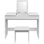 Coiffeuse Table de maquillage en mdf. Coiffeuse table cosmétique avec tabouret et miroir pliable. 100x45x76 cm. Blanc - Woltu