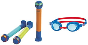 Zoggs Children's Zoggy Sinking Dive Sticks Pool Toy and Game, Blue/Lime/Orange, 3 Years + (Pack of 3) & Kids' Ripper Junior Swimming Goggles Anti-fog And UV Protection, Blue, Red, Tint, 6-14 Years