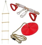 Set Of Rope Ladder, Wooden Trapeze Swing & Red Plate Seat Swing Garden Toy