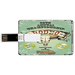 4G USB Flash Drives Credit Card Shape Western Memory Stick Bank Card Style Retro Style Rodeo Championship Poster Bull Skull Large Horns with Banner Grungy Decorative,Multicolor Waterproof Pen Thumb L