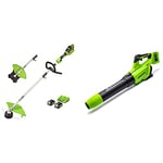 Greenworks 2 X 24V cordless brushless trimmer brush cutter, attachment capable include 2 x 4Ah battery, dual slot charger & 2x24V Battery-powered Axial Leaf Blower GD24X2AB Tool Only