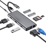 Hub USB C, Adaptateur 11 en 1 de Type C avec HDMI 4K, VGA 1080p, Ethernet RJ45, Alimentation USB C, USB 3.0/2.0, Lecteur de Carte SD/TF, Gaine Audio 3,5 mm Compatible avec MacBook Pro et Plus