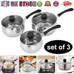 3Pcs Induction Pan Set Saucepan Set Cookware Pot Stainless Steel with Glass Lids