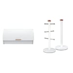 Tower Bread Bin, Linear Collection, Roll Top Lid, Stainless Steel, White and Rose Gold & T826002RW Linear Kitchen Roll Holder and Mug Tree with Weighted Base, Stainless Steel