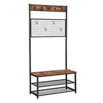 Coat Rack Stand, Industrial Shoe Rack Och Bench With Grid Memo Board, 9 Krokar Och Förvaringshyllor, Hallträd med Stabil Metallram, Rustic Brown
