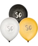 30 år - 6 stk Svarte, Sølv- og Gullfarget Ballonger 30 cm