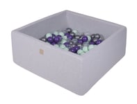 MeowBaby® Bollhav med Baliv för Barn Kvadratisk Poolspel 90 x 90 x 40 cm/200 bollar 7 cm Ljusgrå: Mint/Transparent/Silver/Violett