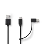 Nedis 2 i en kabel | USB 2.0 | USB-A Han | USB Micro-B Han / USB-C™ Hann | 480 Mbps | 1.00 m | Nikkel belagt | Rund | PVC | Sort | Blister