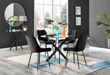 Novara 4 Seater Black Leg Round Glass Dining Table & 4 Pesaro Soft Velvet Black Leg Chairs