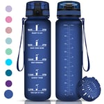 Vikaster Bouteille d'eau, Gourde Sport 1 Litre, sans BPA, Étanche & Réutilisable, avec Filtre et Marqueur de Temps, Convient Pour la Gym, le Yoga, le Camping, Gourde Randonnée Mat Bleu Marine