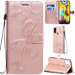 DodoBuy Samsung Galaxy M31 Case 3D Butterfly Pattern Premium PU Leather Flip Cover Wallet Kickstand Magnetic Closure Credit Card Slots Holder Wrist Strap for Samsung Galaxy M31 - Rose Gold