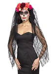 Deluxe Day of the Dead Headband, Red & Black, with Roses & Veil