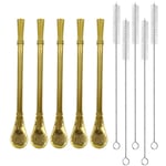 Stainless Steel Straw Filter Spoon, Yerba Mate Bombilla, Loose Leaf Tea Strainer, Tea Straw for Drinking Coffee, Cocktail, Pack of 5 with Cleaning Brush (5 Gold)