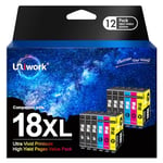 Uniwork 18XL Cartouches d'encre Compatible pour Epson 18 18 XL pour Expression Home XP-205 XP-225 XP-215 XP-305 XP-325 XP-322 XP-422 XP-405 XP-415 (Noir Cyan Magenta Jaune, 12-Pack)