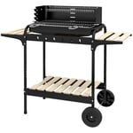 Kolgrill av metall BBQ rökare med hjul, höj- och sänkbart grillgaller, trähylla, mobil grillvagn kolgrill, kolgrill för grillcam