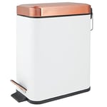 mDesign Pedal Bin — Waste Bin with Pedal, Lid and Plastic Bucket Insert Ideal for Bathroom, Kitchen, and Office — Stainless Steel Household Rubbish Bin with Ergonomic Design — White/Rose Gold