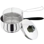 3pcs Set Deep Fryer Chip Pan Induction Stainless Steel Pot Glass Lid Basket 20cm