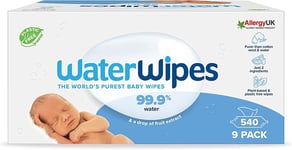 WaterWipes Original Plastic Free Baby Wipes, 540 Count 9 packs, 99.9% Water Wet