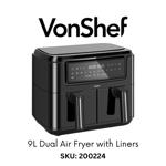 VonShef Dual Air Fryer Cooker 9L Double Basket Zone 12 Functions With Liners