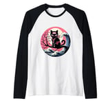 Retro Black Cat Ninja Japanese Moon Wave Kanagawa Men Women Raglan Baseball Tee