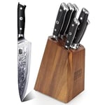 SHAN ZU Knife Set with Block, Damascus Kitchen Knife Sets 7-Piece Professional Knife Damascus Sets for Chef, Japanese High Carbon Super Steel 67 Layers Knife Block Set with G10 Handle