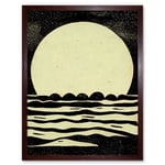 Retro Moonrise Over Sea Black And White Linocut Illustration Art Print Framed Poster Wall Decor 12x16 inch