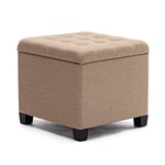 HNNHome Ottoman Cube en Lin avec Coffre de Rangement, Pouf, Tabouret, avec siège/Couvercle rembourré Amovible, pour Salon, Coiffeuse, Chambre, Entrée - 45 x 45 x 41 cm - Beige
