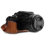 MegaGear MG1534 Nikon Coolpix P1000 Ever Ready - Demi Étui en Cuir avec Bandoulière - Marron foncé