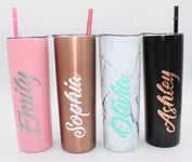Personalised Stainless Steel Tumblers | 20oz Skinny Tumbler | Double Wall Insulated | Personalised Text in Various Vinyl Colors (Pink)