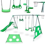 HyperMotion Trädgårdslekplats för barn 3+, stort lekset XXXL: gungor, rutschkana, gymnastisk trapets, basketkorg och fotbollsmål, grön