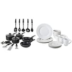 Morphy Richards Equip 14 Piece Cookware Set (3 Pots+ 2 Saucepans + 9 Utensils), Black, Aluminium & Amazon Basics 16-Piece Dinnerware Set, Service for 4, AB-Grade Porcelain, White