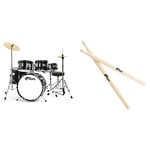 Tiger JDS14-BK 5 Piece Junior Drum Kit – Black Kids Drum Kit, Ages 3 – 10 Years + Tiger Junior Drumsticks - Childrens Drum Sticks for Junior Drum Kits - Pair
