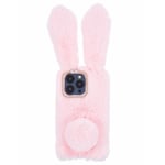 iPhone 15 Pro Fleksibelt Plastbakdeksel m. Pels - Kaninører - Rosa