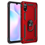 HAOTIAN Case for Xiaomi Redmi 9AT / Redmi 9A, Metal Ring Support [Compatible Magnetic Car Mount] Heavy Duty Armor Shockproof Cover, Silicone TPU + Hard PC Case. Red