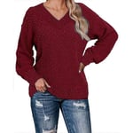 Womens Ladies V Neck T Shirt Solid Winter Casual Baggy Loose Wine Red 3xl