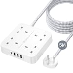LENCENT 5M Extension Lead with USB C Port (3250W 13A), 4 Way Outlets Power Strip with 1 USB-C and 3 USB Slots, Multi Power Plug Extension with 5M Braided Extension Cord for Home Office- White