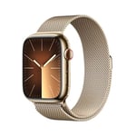 Apple Watch Series 9 (45 mm GPS + Cellular) Smartwatch avec boîtier en Acier Inoxydable et Bracelet Milanais Or. Suivi de l’activité Physique, apps Oxygène sanguin et ECG, résistance à l’Eau