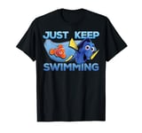 Disney Pixar Finding Dory Just Keep Swimming Watercolor Text T-Shirt