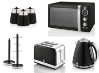 Swan Retro Black Jug Kettle 2 Slice Toaster Microwave & Kitchen Storage Set of 8