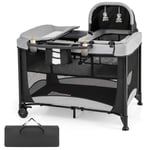 5 i 1 bärbar babysäng med resesäng & vagga & lekhage & skötbord svart + grå