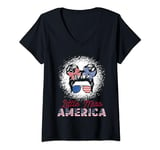 Womens Little Miss US America 4th of July Messy Bun Toddler Girls V-Neck T-Shirt