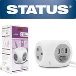 Status 3 Way Cube Socket with 3 USB Ports - White - 1.4m