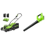 Greenworks 2x24V 36cm Battery Lawnmower GD24X2LM36K2xwith 2x2Ah Battery and Dual Slot Charger & 24V Axial Leaf Blower G24AB Tool Only