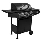 Amig - Barbecue à gaz Fireplus 3+1 de 8,4 KW | Acier Inoxydable Noir | Plancha avec Roues Modèle GRILL-3F | Grille XXL avec Roues et thermomètre | 117x52x103 cm | 4 brûleurs et Plateau latéral